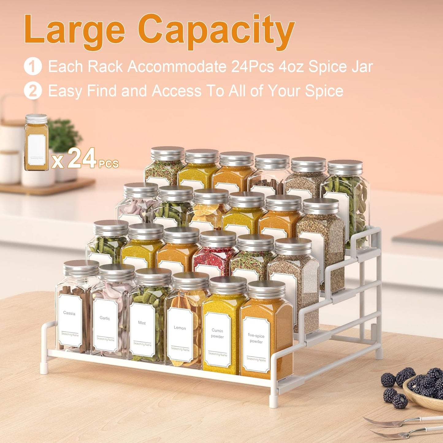 RUILALIFE 4-Tier-Spice-Rack-Organizer-for-Cabinet, Adjustable Depth Spice Holder Shelf For Countertop Pantry Cupboard, Metal Tiered Seasoning Organizer,Display Shelf Riser (Black-1 Pack)