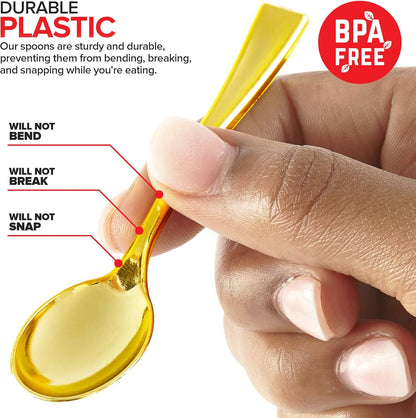 Gold Plastic Mini Spoons Disposable, 4 inch (80 Pack) Tasting Spoon, Dessert Mini spoon for Ice Cream Taster, Small Sample Desserts, Gelato Sampling, Fancy Miniature Pudding, Little Appetizers, Bulk