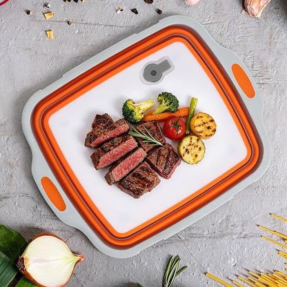 ZYIIXYO Collapsible BBQ Prep Tub with Locking Lid, Collapsible Bucket with Drain Plug, Thickened 3-in-1 Food Prep Tub with Easy Cutting Board, Foldable Camping Sink, 2 Gallons/8L Capacity, Orange