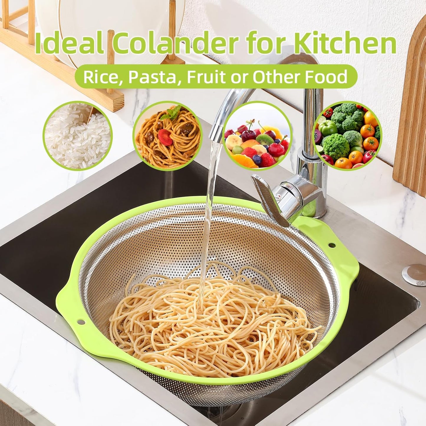 Colander Stainless Steel Microporous, 2QT Rice Strainer with Mixing Bowl, Rice Washer Bowl Set with Handle, Food-Grade Strainers and Colanders for Kitchen, Pasta, Fruit, Dishwasher Safe