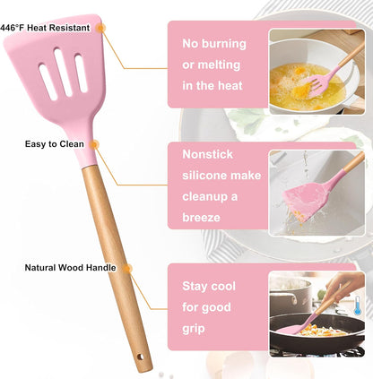 E-far Silicone Cooking Utensils Set, 10-Piece Heat Resistant Kitchen Utensils Set with Wooden Handle for Nonstick Cookware, Kitchen Nonstick Tools Spatula Whisk Tongs Ladle, Non-toxic & Healthy(Khaki)