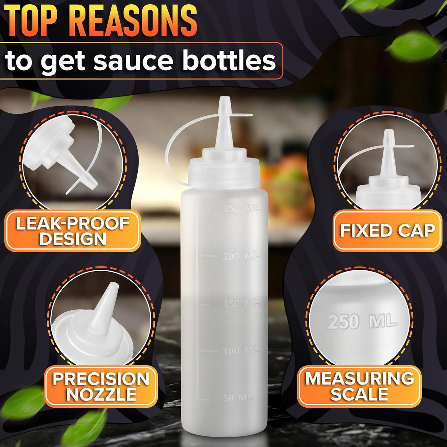 Set of 3 Inverted Condiment Squeeze Bottles 16 oz – Upgraded Design with Added Sealing Gaskets, Self-Closing Valve, Easy-to-Fill Clear Bottles for Sauces, Dressings, Ketchup, Mustard for Everyday Use