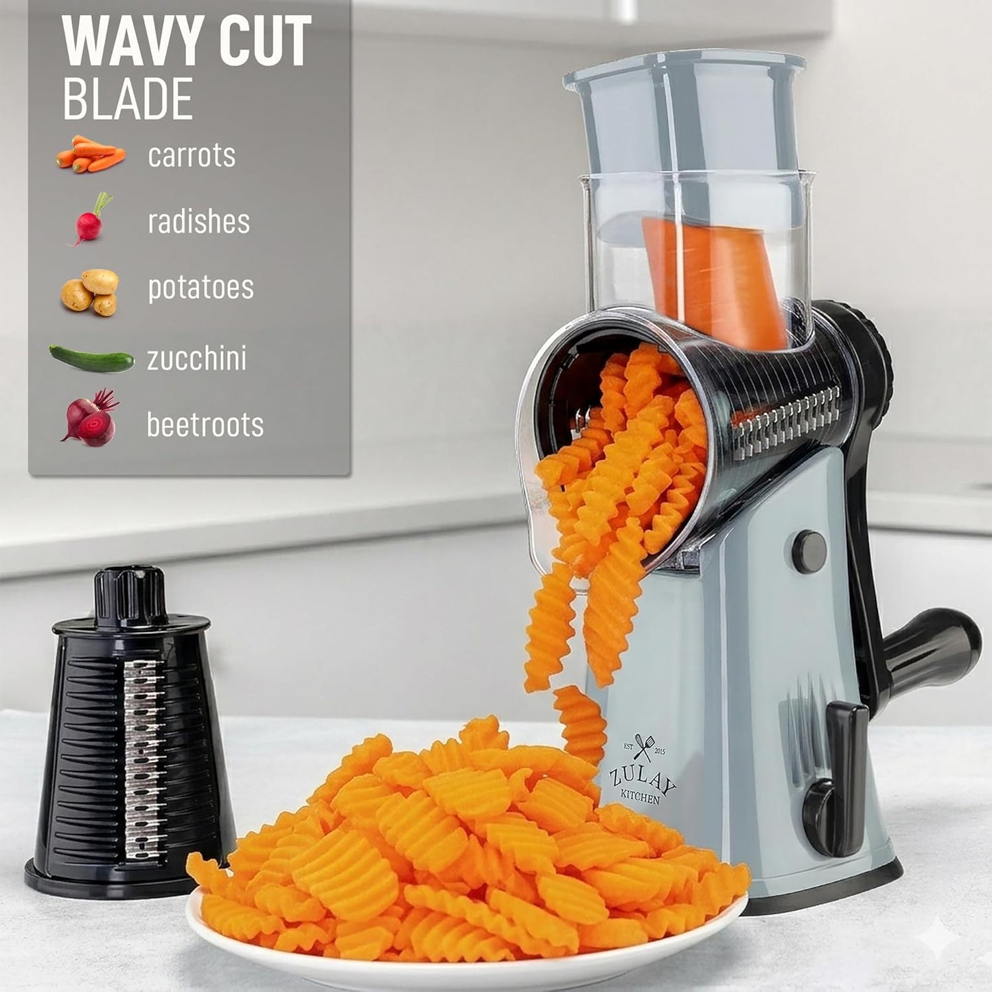 Zulay Kitchen Rotary Cheese Grater 5 Blade Cheese Shredder - Manual Hand Crank Cheese Grater With Reinforced Suction & 5 Interchangeable Drums - Easy to Use, Vegetable Chopper Round Mandoline Slicer - Colors B