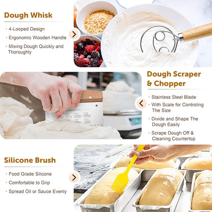TeamFar Sourdough Bread Baking Supplies, 9” Round & 10” Oval Bread Proofing Basket Set with Liner, Sourdough Starter Kit for Bread Making, Bread Lame/Whisk/Dough Scraper/Basting Brush