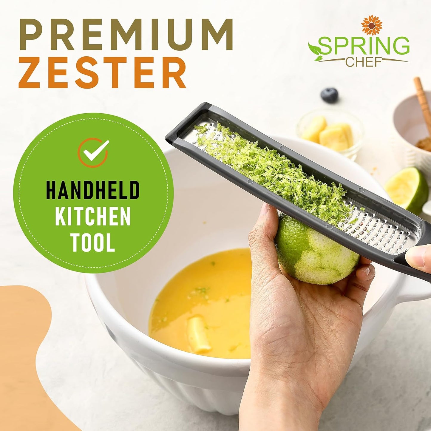 Spring Chef Premium Lemon Zester Grater with Handle - Fruits, Garlic, Chocolate, Nutmeg, Ginger Grater - Heavy Duty Kitchen Tool - Stainless Steel Citrus Zester with Blade Cover - Fine Shred, Black