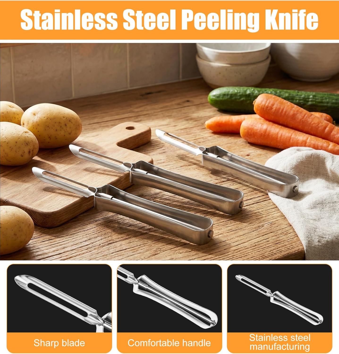 3 Pack Stainless Steel Vegetable Peeler, Stainless Steel Potato Peelers with Swivel Blade & Ergonomic Handle, Metal Potatoes Peeler for Vegetables, Fruits, Dishwasher Safe