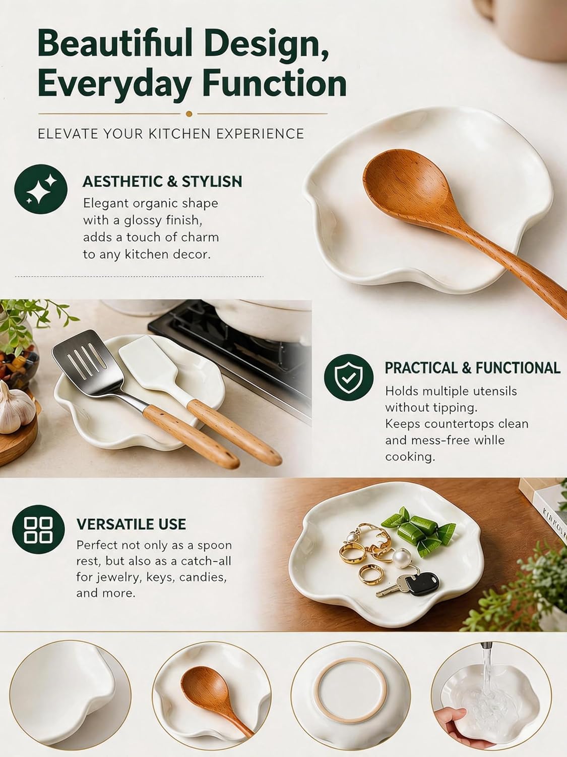 Miamolo Spoon Rest for Stove Top, Spoon Holder for Stove, 5.3In Ceramic Spoon Rest for Kitchen Counter, Coffee Spoon Holder with Ruffled Edge, Farmhouse Spatula Holder for Kitchen Decor, Beige