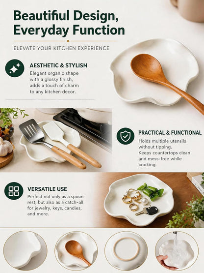 Miamolo Spoon Rest for Stove Top, Spoon Holder for Stove, 5.3In Ceramic Spoon Rest for Kitchen Counter, Coffee Spoon Holder with Ruffled Edge, Farmhouse Spatula Holder for Kitchen Decor, Beige