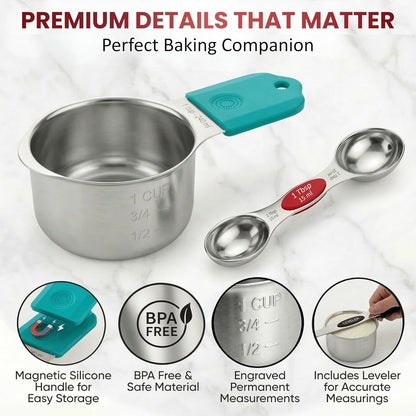 Magnetic Measuring Cups and Spoons Set of 16, 304 Stainless Steel with Multicolor Silicone Handles, 7 Cups, 8 Double-Sided Spoons and Leveler, Laser-Engraved, Stackable, Dishwasher Safe for Baking