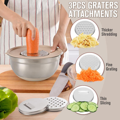 31PCS Mixing Bowls with Lids Set, 5.5QT to 0.6QT Stainless Steel Nesting Bowls with Graters, Large Khaki Bowls & 21 Measuring Cups and Spoons Set Kitchen Appliances for Mixing, Baking, Food Storage