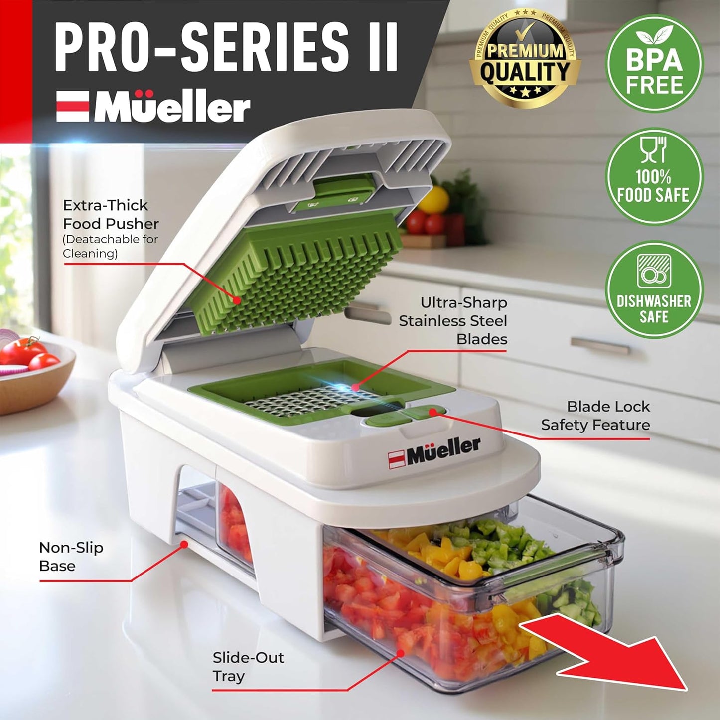 Mueller Pro-Series 10-in-1, 8 Blade Vegetable Chopper, Onion Mincer, Cutter, Dicer, Egg Slicer with Container, French Fry Cutter Potato Slicer, Home Essentials, Salad Chopper White Sand/Green