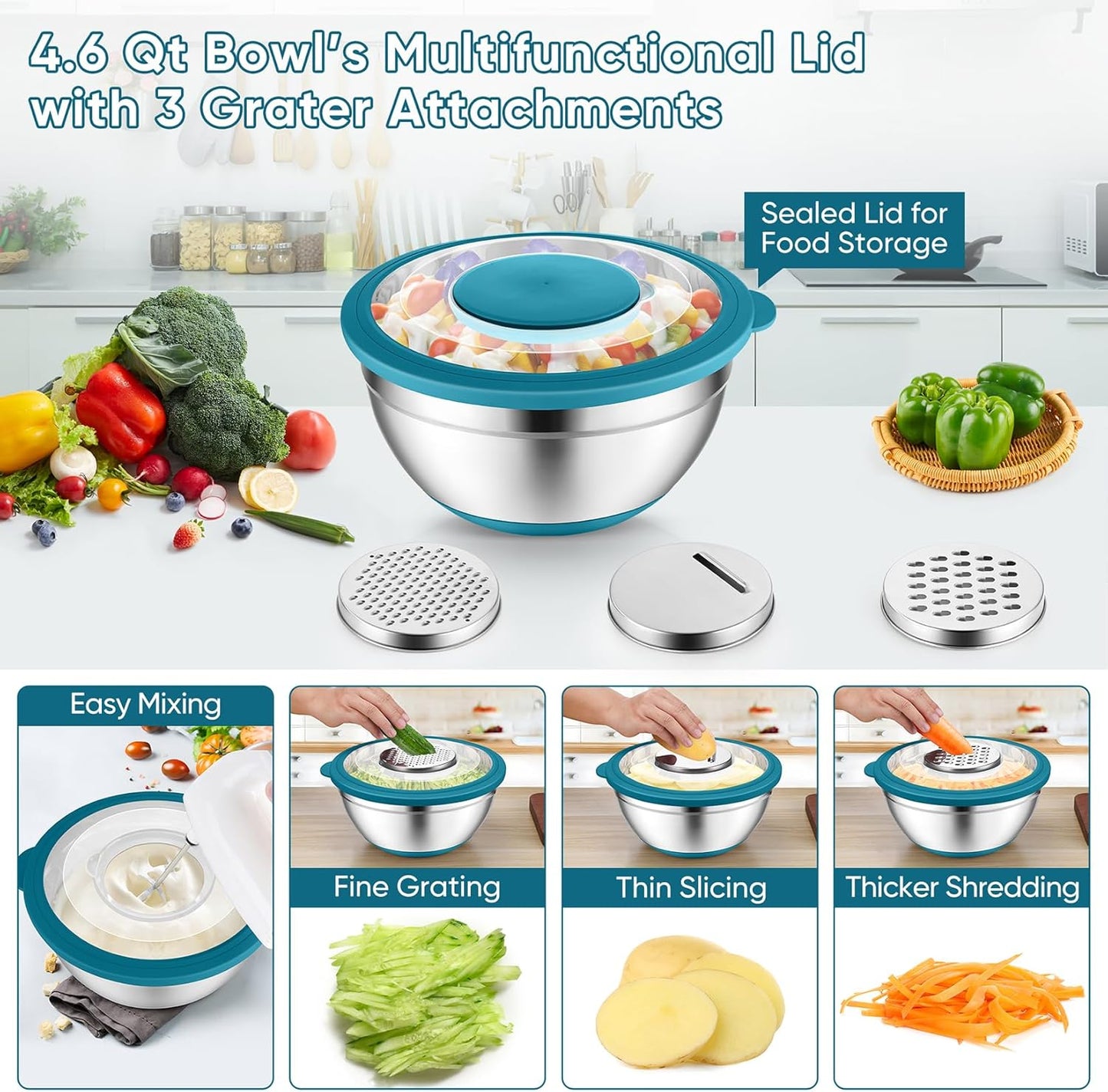 P&P CHEF Mixing Bowls with Lids Set of 3, Stainless Steel Mixing Bowl and Colander for Kitchen, 3 Grater Attachments & Non-Slip Bottoms, Visible & Airtight Lid, Khaki