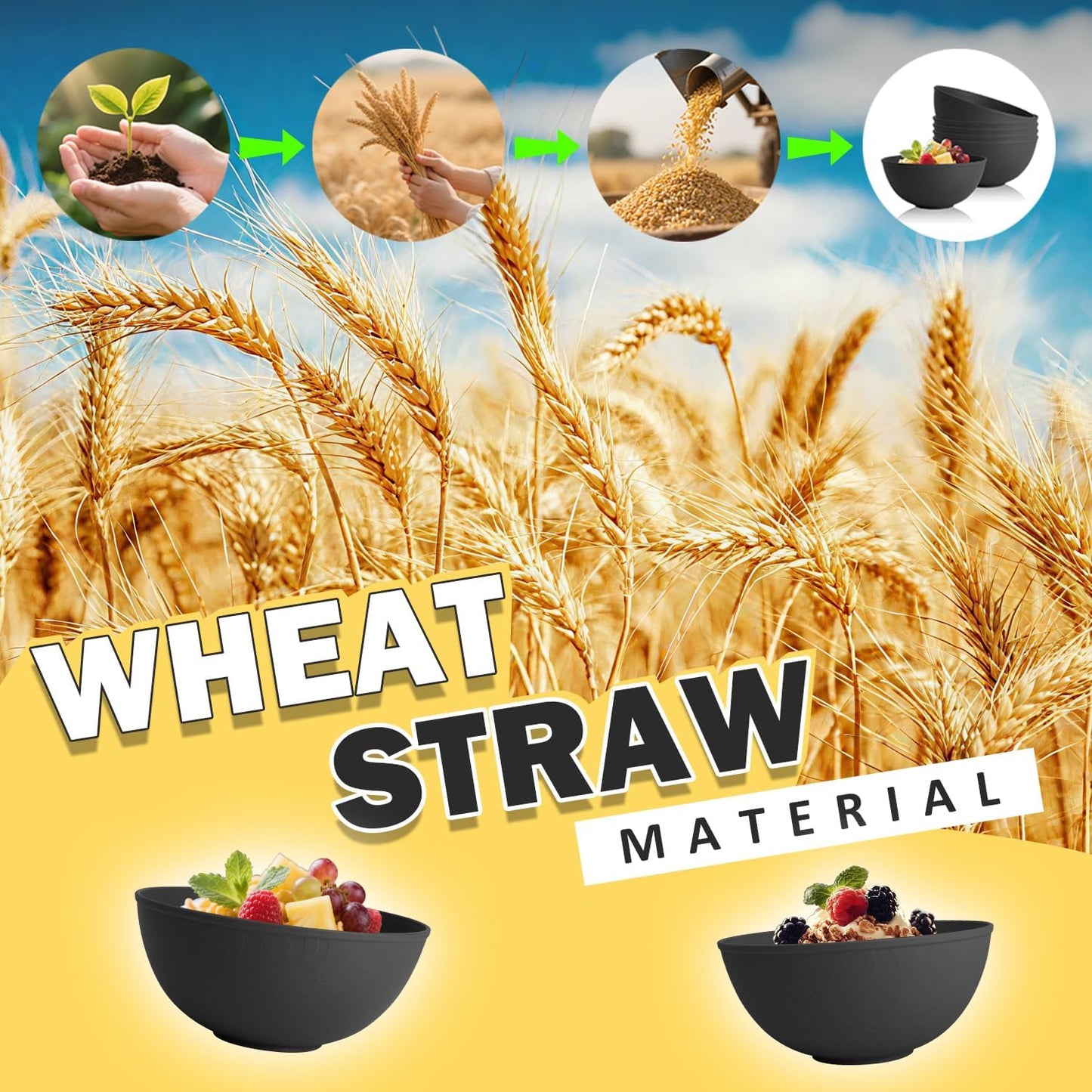 Wheat Straw Bowls Set with Lids, Unbreakable 40 OZ Cereal Bowls Set of 4, Salad Container for Lunch, Microwave & Dishwasher Safe Bowl Set for Kitchen, Picnic, RV, Camping, Multi