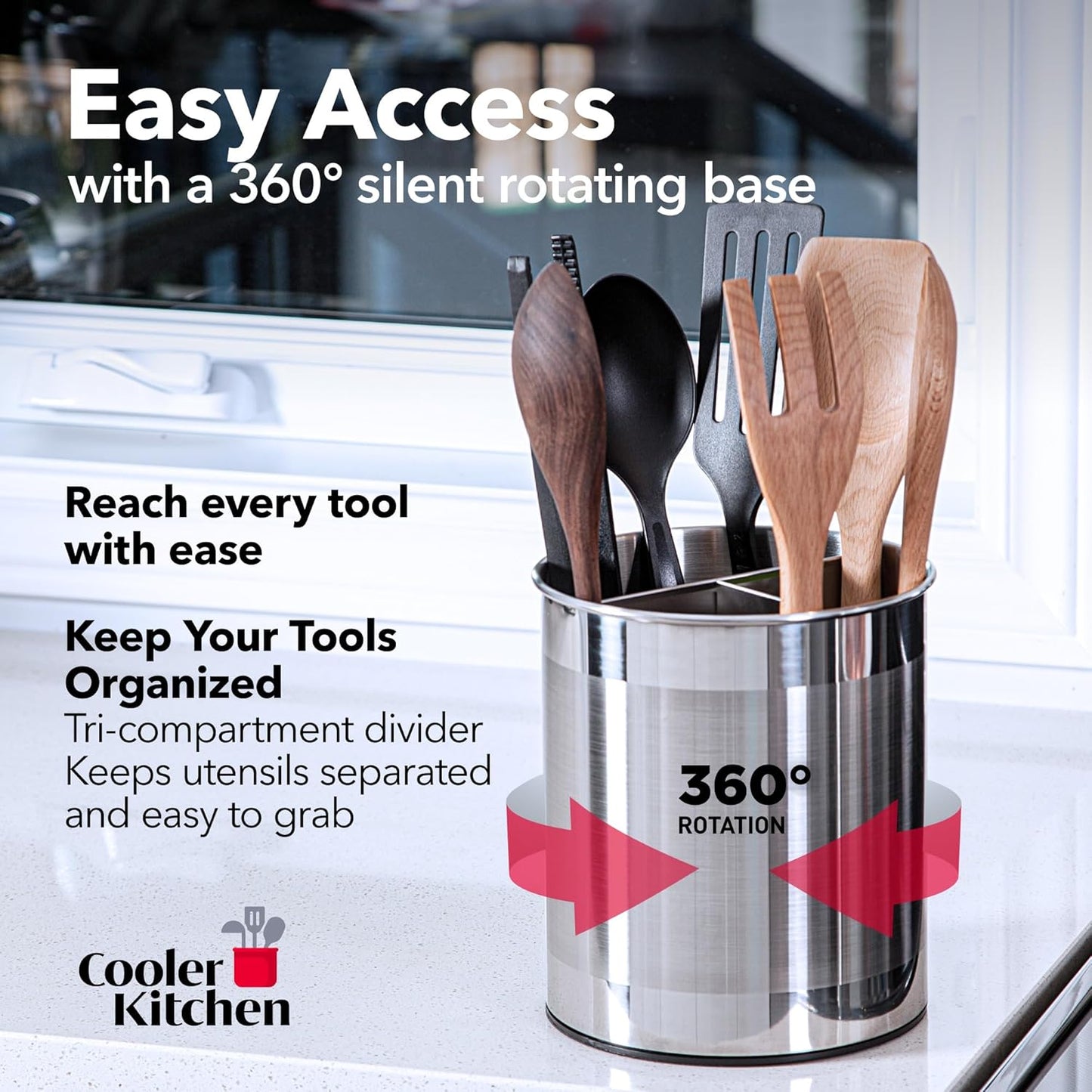 Cooler Kitchen Jumbo Extra Large Sturdy Rotating Black Utensil Holder Caddy with No-Tip Weighted Base, and Gripped Insert - Rust Proof and Dishwasher Safe Kitchen Utensils Holder