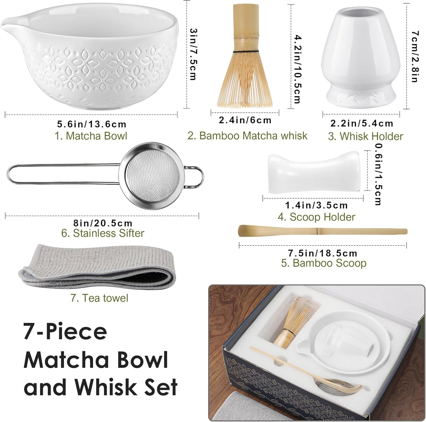 Matcha Whisk Set Matcha Kit - 7 Pcs Japanese Tea Set Includes Matcha Bowl with Spout,Bamboo Whisk with Ceramic Holder,Bamboo Scoop and Rest,Sifter,Tea Towel, for Ceremony Matcha Lovers Gift,Green