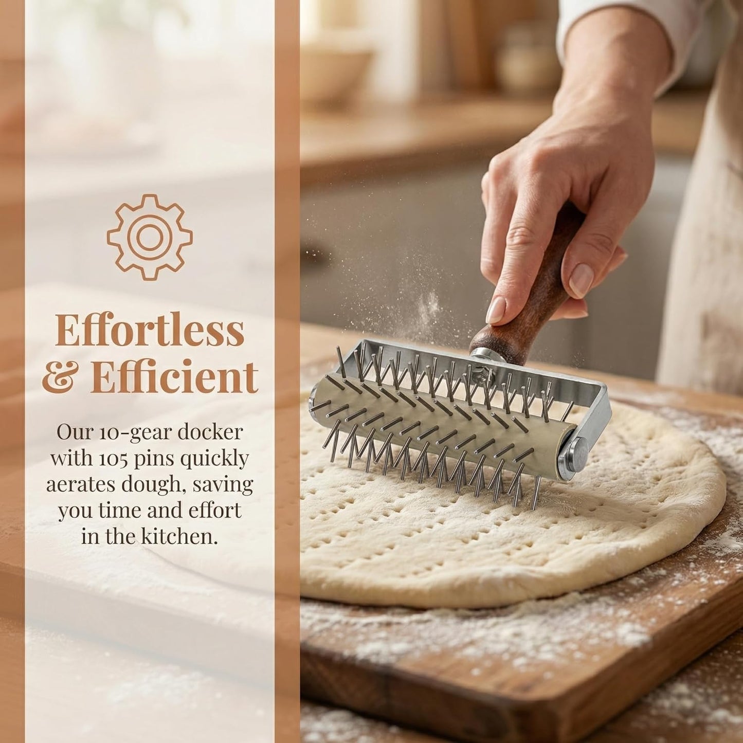 Hiceeden Set of 2 Pizza Dough Roller & Dough Docker, Stainless Steel Dough Hole Maker Puncher Wooden Rolling Pin for Pizza, Cookie, Pie, Pastry, Bread, Crust