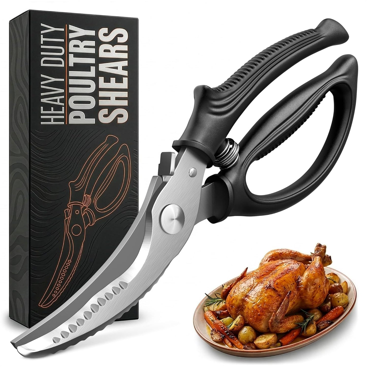 2 in 1 Kitchen Scissors for Food – Stainless Steel Blade & Plastic Cutting Board Scissors with Safety Lock | 9.5" Tomato Knife, Fruit & Vegetable Cutter – Easy-to-Use Kitchen Shears for Meat, Cheese