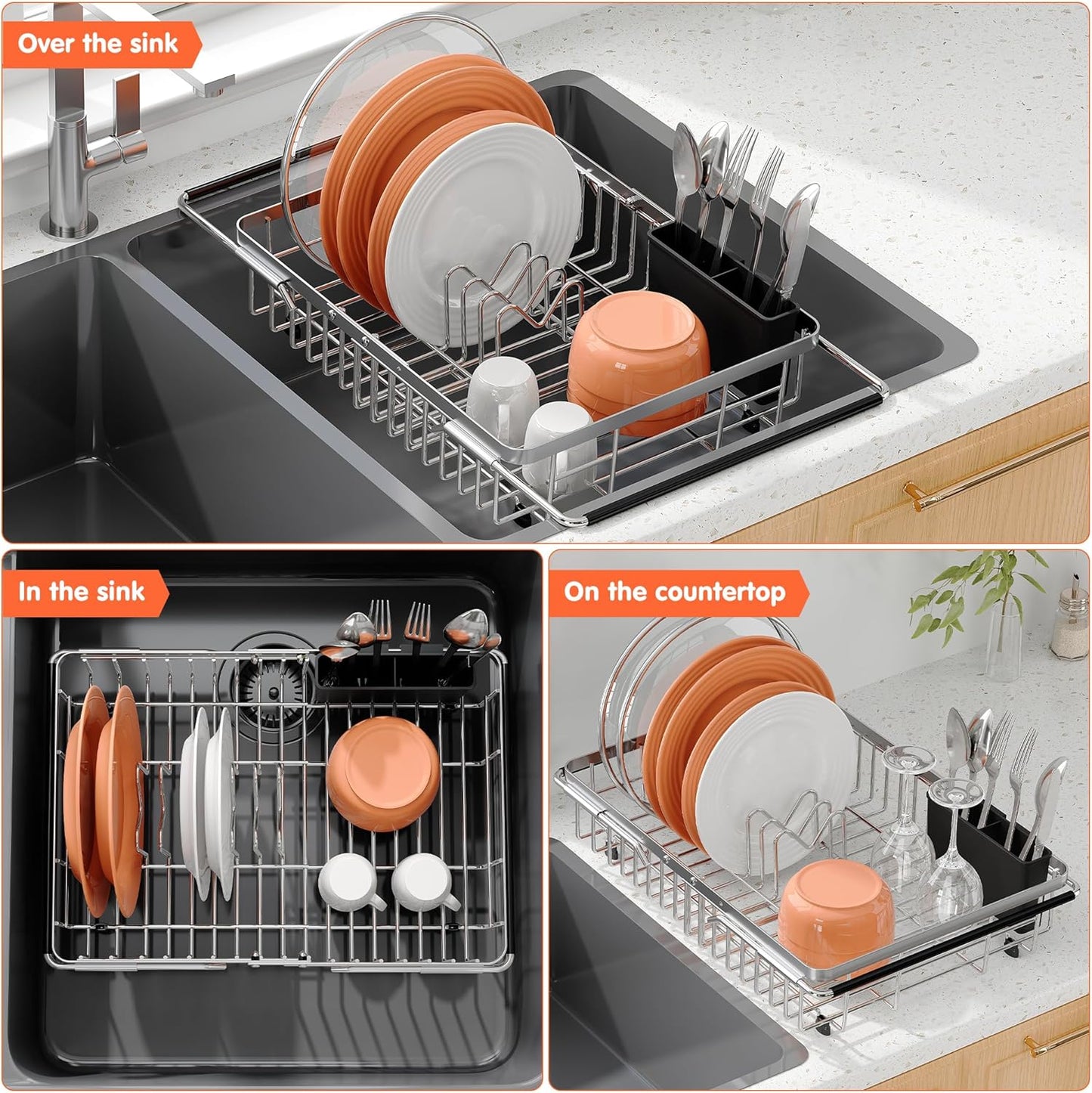 Over the Sink Expandable Dish Drainer Drying Rack In Stainless Steel for Small Kitchen, Counter Space Saving Modern Compact Metal Above Plate Dryer Strainer, Adjustable Hanging Inside Drain Holder