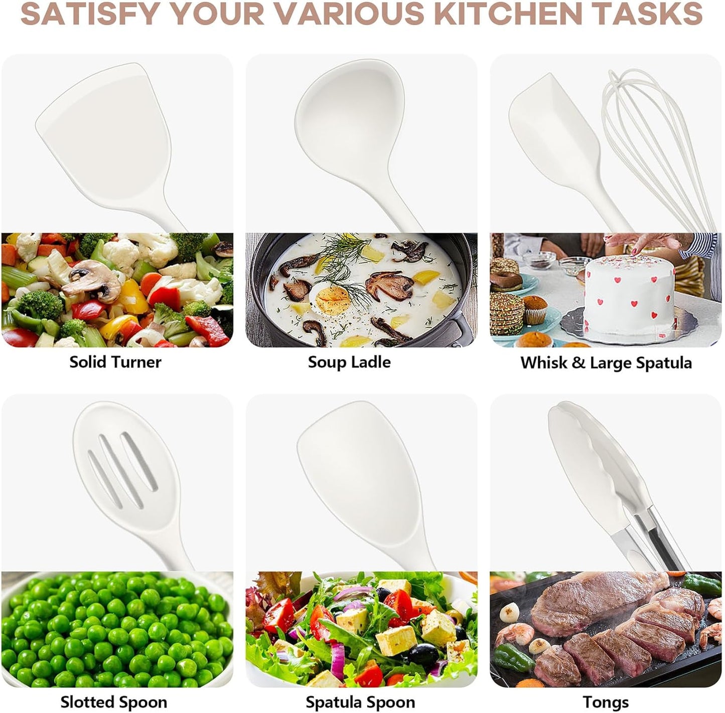 TeamFar Silicone Cooking Utensils, 10 pcs Kitchen Cooking Utensils Set, 446°F Heat Resistant Kitchen Gadgets Tools Set w/Spatula, Turners, Spoons, Soup Ladle, Pasta Server for Nonstick Cookware, Black