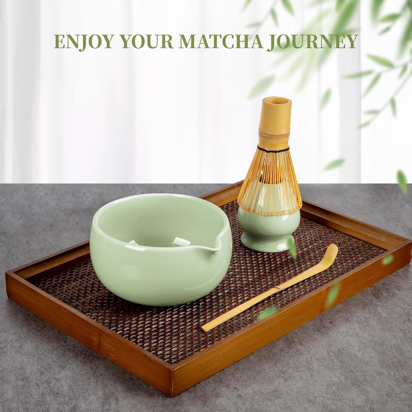 YIBO Matcha Whisk Set With Bowl, Ceramic Matcha Making Kit Includes Bamboo Whisk (Chasen), Holder Stand, Powder Starter Sifter, Scoop, Measuring Spoon & Cup Tea Tools For Ceremony (Mottled Green)