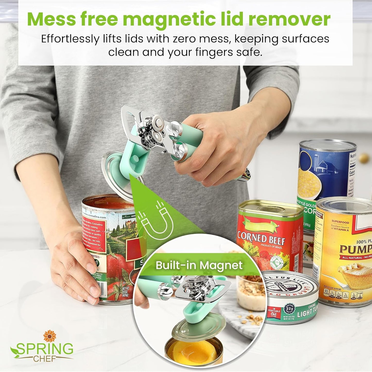 Spring Chef Stainless Steel Can Opener - Manual with Soft Grip Handles, Easy Turn, Heavy Duty Hand Can Openers for Seniors with Smooth Edge - Magnetic Lid Remover - Black