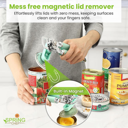 Spring Chef Stainless Steel Can Opener - Manual with Soft Grip Handles, Easy Turn, Heavy Duty Hand Can Openers for Seniors with Smooth Edge - Magnetic Lid Remover - Black