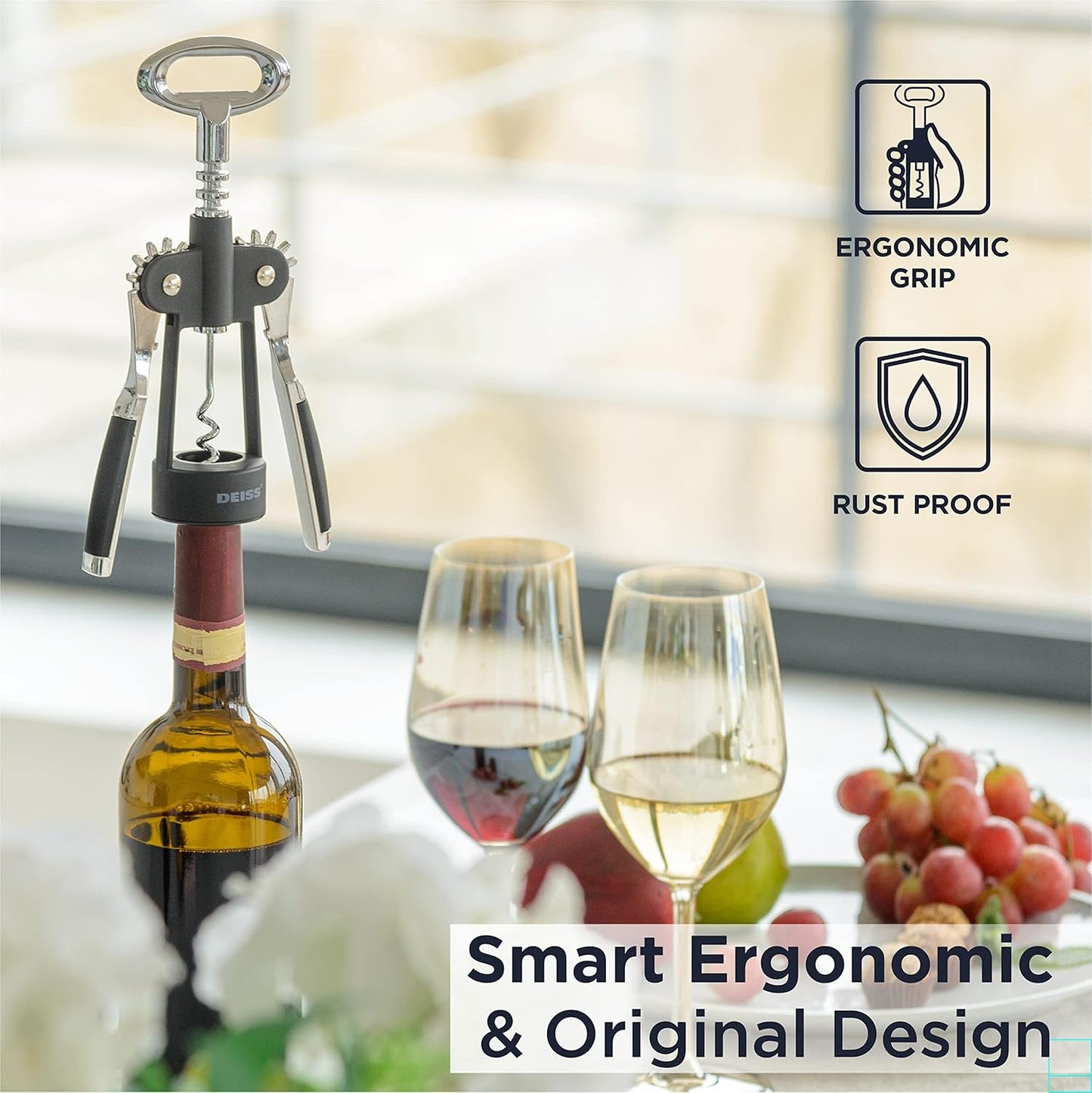 Deiss PRO Wing Corkscrew Wine Opener - 2 in 1 Wine Corkscrew and Beer Opener - The Easiest Way to Open Wine Bottle Corks - Reliable and Sturdy Wine Opener - Wine Bottle Opener