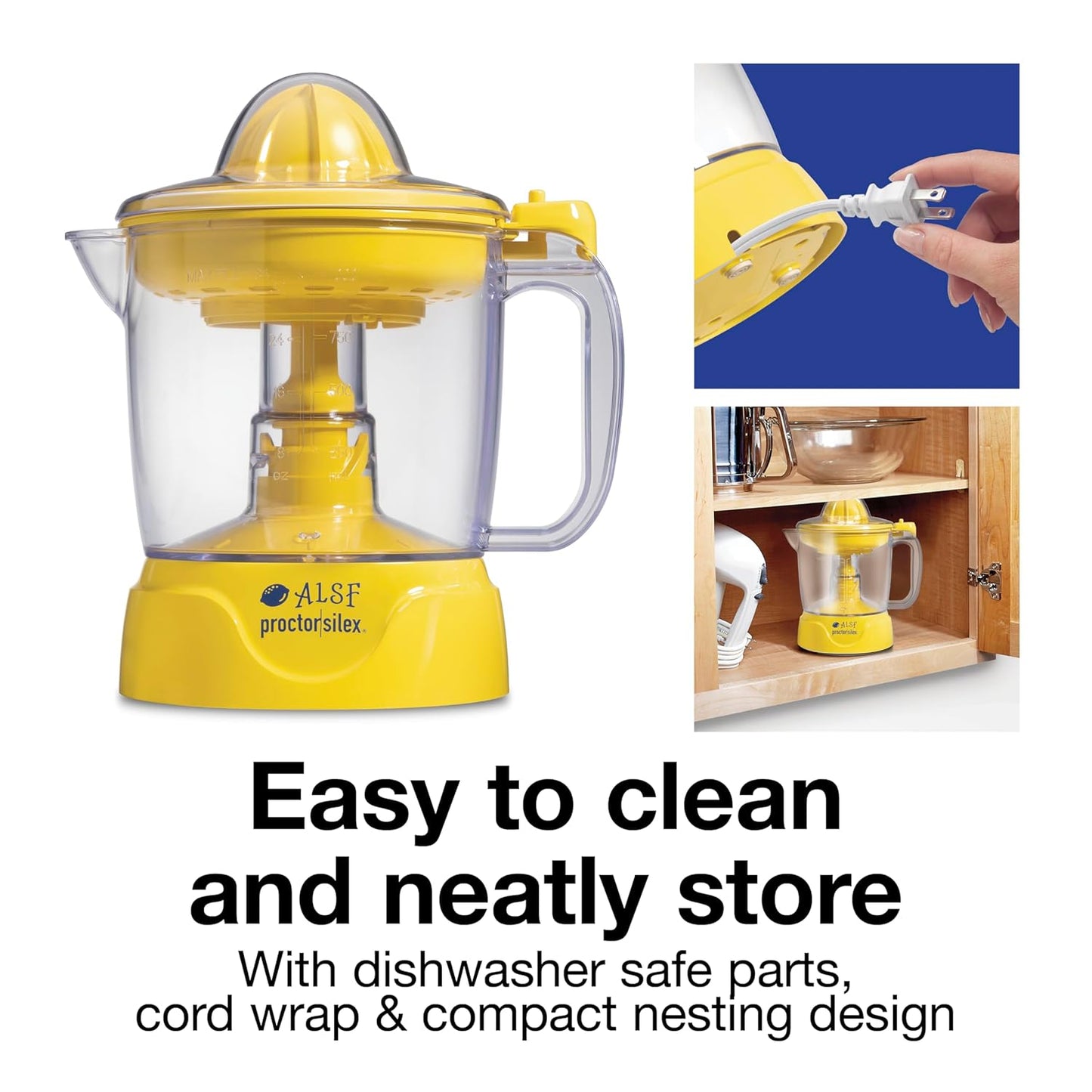 Proctor Silex Alex's Lemonade Stand Electric Citrus Juicer Machine, Large 34 oz. Pitcher, Pressure Activated, for Lemons, Limes and Oranges, 34 oz, Includes 2 Reamers & Recipe Book, Yellow (66341)
