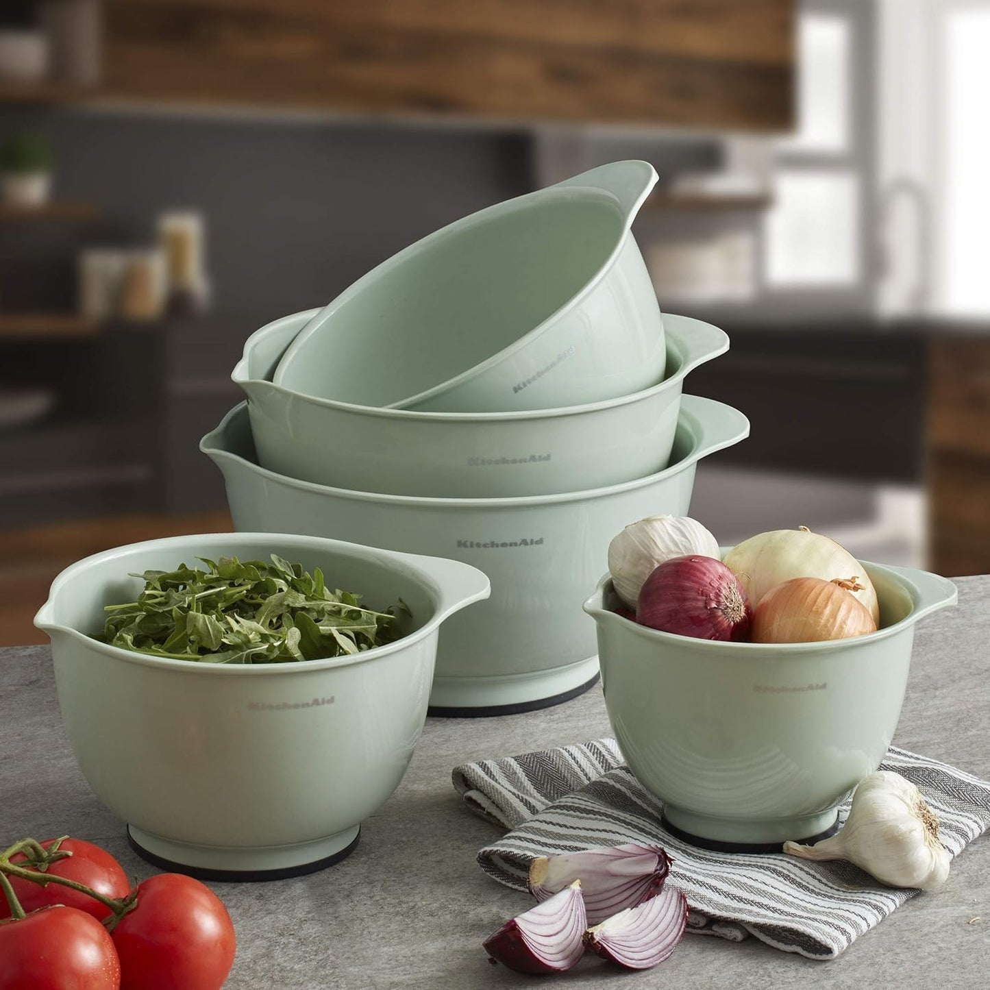 KitchenAid Universal Nesting Plastic Mixing Bowls, Set Of 3, 2.5 quart, 3.5 quart, 4.5 quart, Non Slip Base with Easy Pour Spout to Reduce Mess, Dishwasher Safe, Aqua Sky, White, Gray