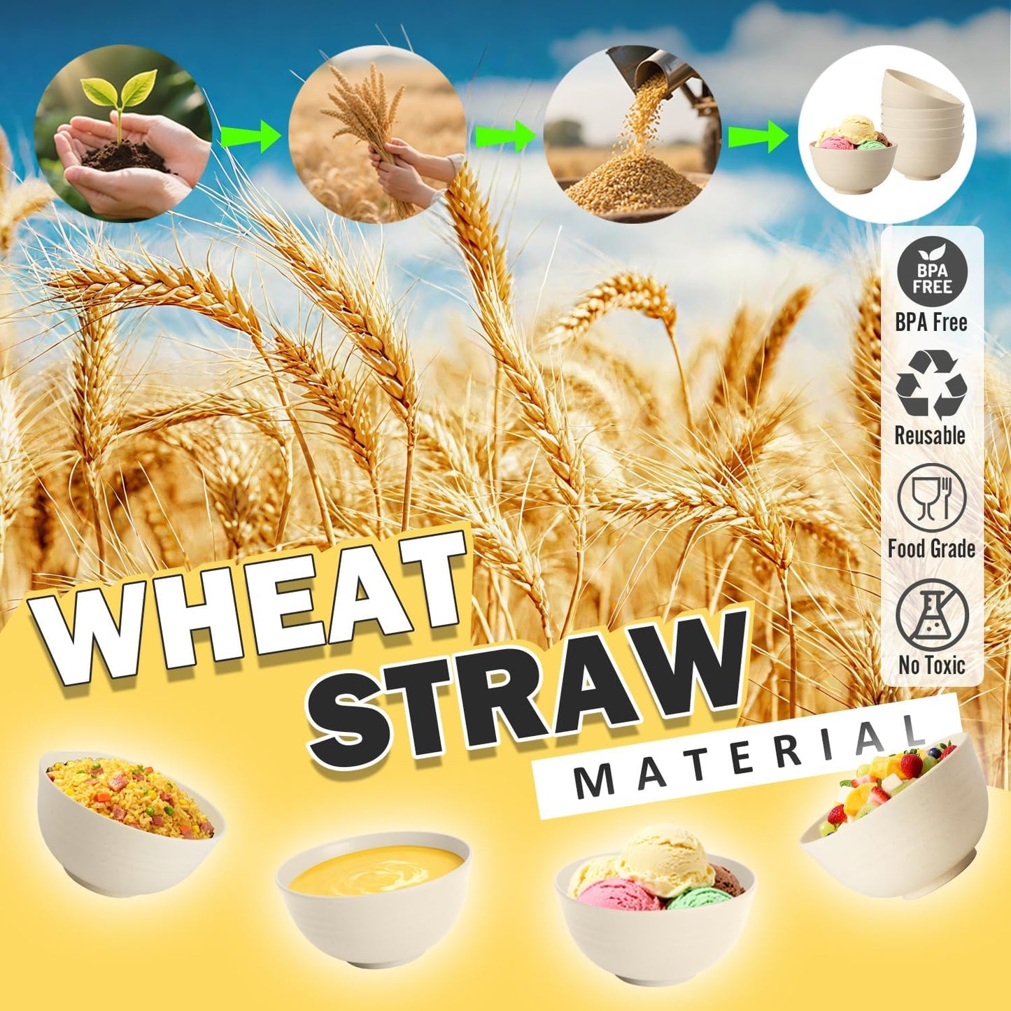 Wheat Straw Bowls Set with Lids, Unbreakable 40 OZ Cereal Bowls Set of 4, Salad Container for Lunch, Microwave & Dishwasher Safe Bowl Set for Kitchen, Picnic, RV, Camping, Multi