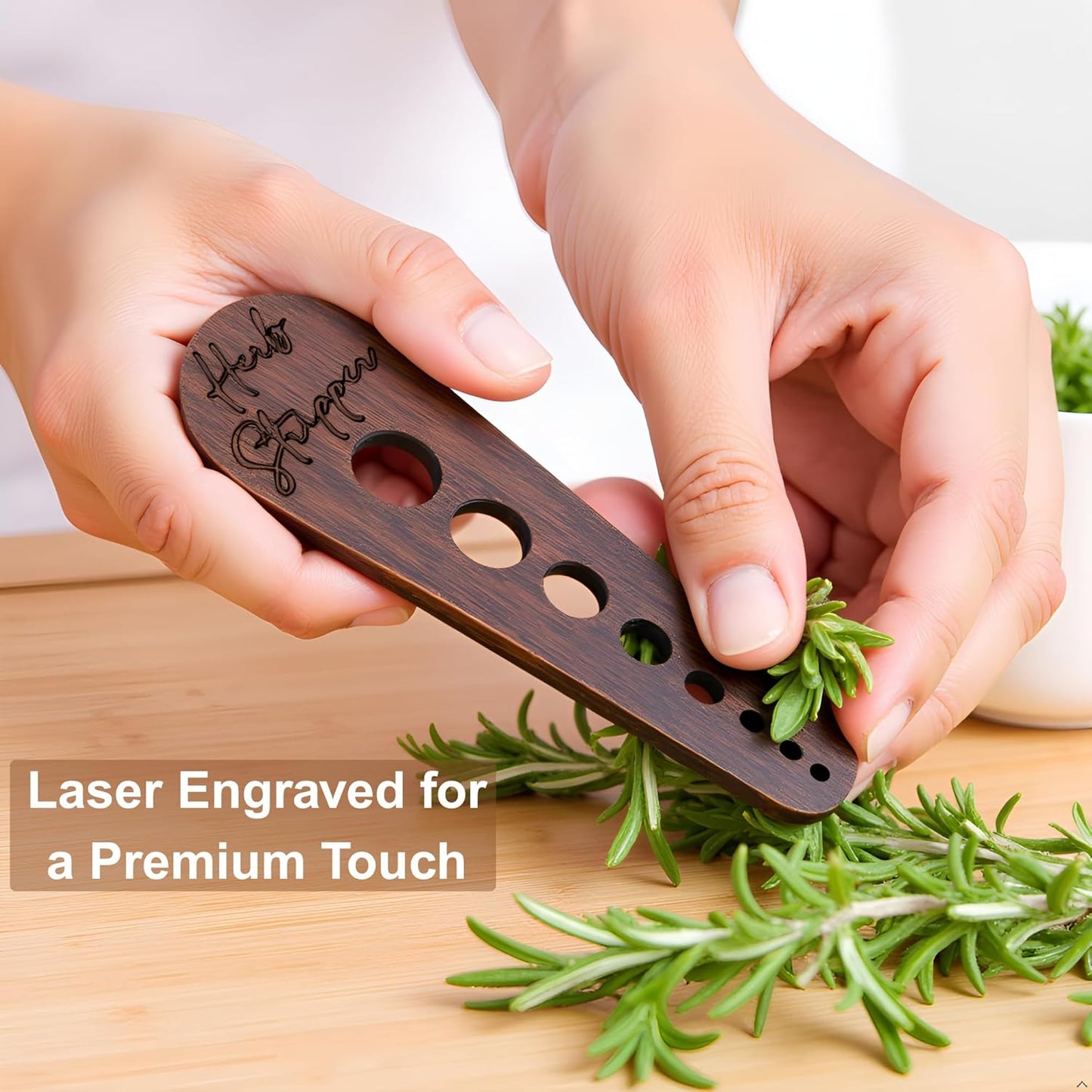 Herb Stripper Tool – Natural Wood Leaf Remover with 8 Hole Sizes, Laser Engraved Kitchen Gadget for Parsley, Thyme, Rosemary – Gift for Home Cooks & Gardeners