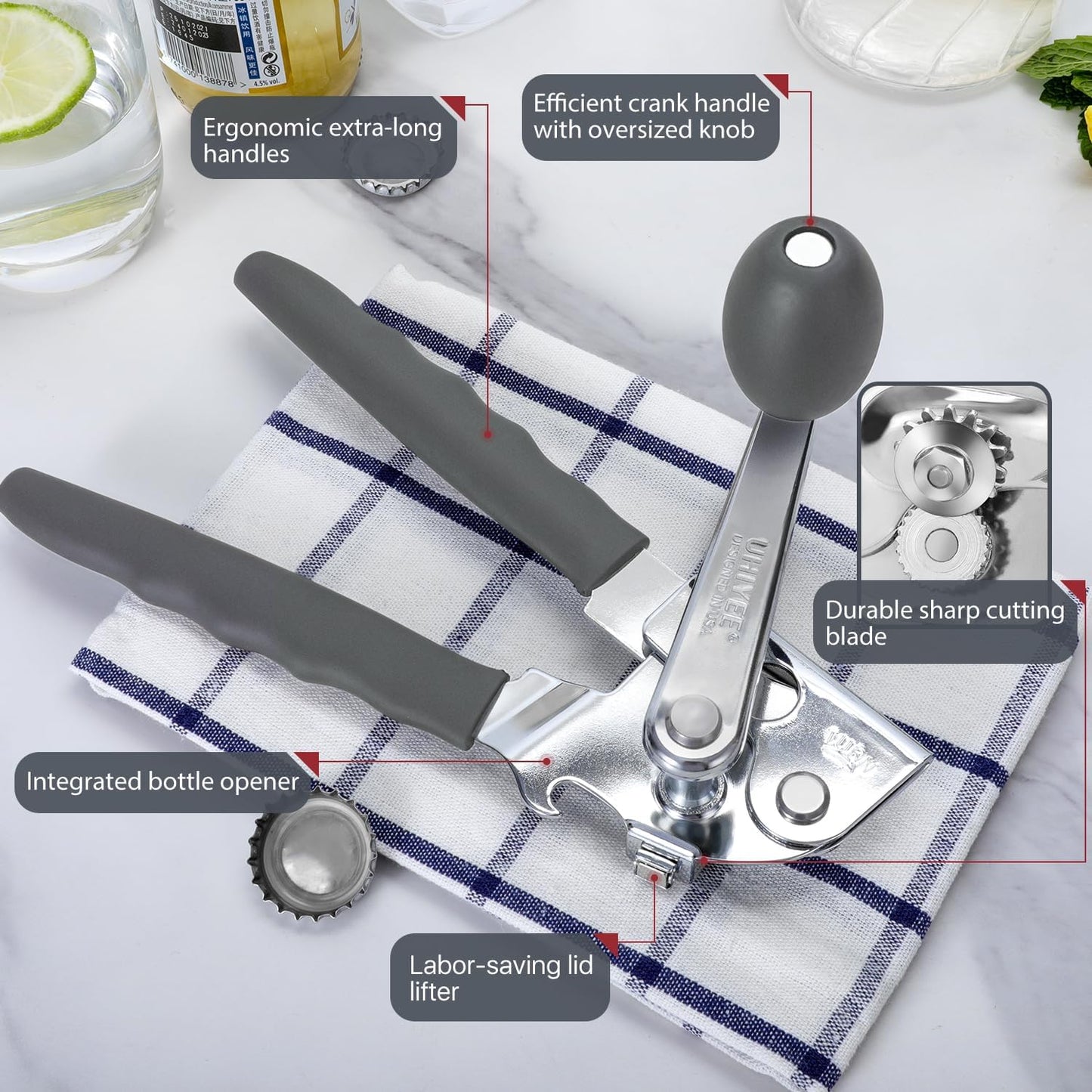 Commercial Can Opener, UHIYEE Hand Crank Can Opener Manual Heavy Duty with Comfortable Extra-long Handles, Oversized Knob, Large Handheld Can Open Easy for Big Cans, Black