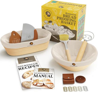 Superbaking Sourdough Starter Kit, 9" Round Banneton Bread Proofing Basket Set, Sourdough Bread Baking Supplies, Sourdough Tools with Silicone Bread Sling, Bread Making Tools, Baking Gifts