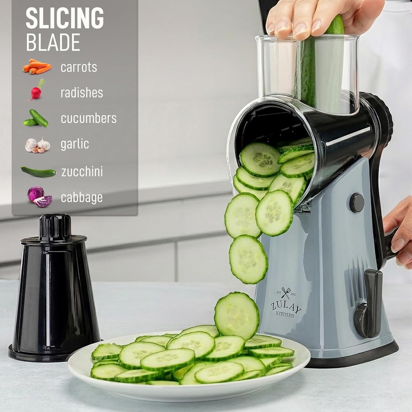 Zulay Kitchen Rotary Cheese Grater 5 Blade Cheese Shredder - Manual Hand Crank Cheese Grater With Reinforced Suction & 5 Interchangeable Drums - Easy to Use, Vegetable Chopper Round Mandoline Slicer - Colors B