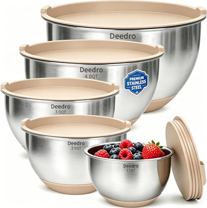 Deedro Premium Mixing Bowls with Airtight Lids Set, 22Pcs Thicker Stainless Steel Mixing Bowl Set, Large Prep Metal Bowls, Non-Slip Silicone Base Nesting Bowls for Kitchen, 1.5/2/3/4/5 QT, Khaki