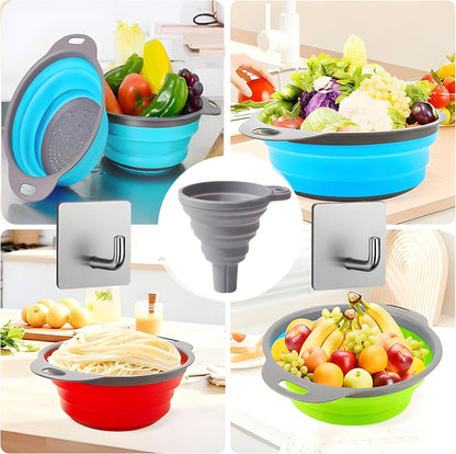 UVB Foldable Silicone Colander with 2 Stainless Steel Hooks & Collapsible Funnel, Kitchen Strainer Basket for Pasta, Fruit and Vegetables, Space Saving Sink Colander for Home Kitchen – Red