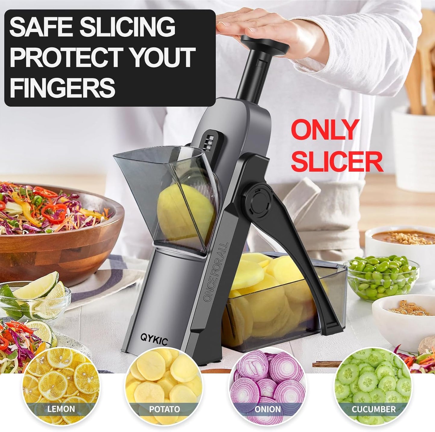 QYKIC Safe Mandoline Slicer 5 in 1 Vegetable Chopper Food Potato Cutter, Strips Julienne Dicer Adjustable Thickness 0.1-8 mm Kitchen Chopping Artifact Fast Meal Prep