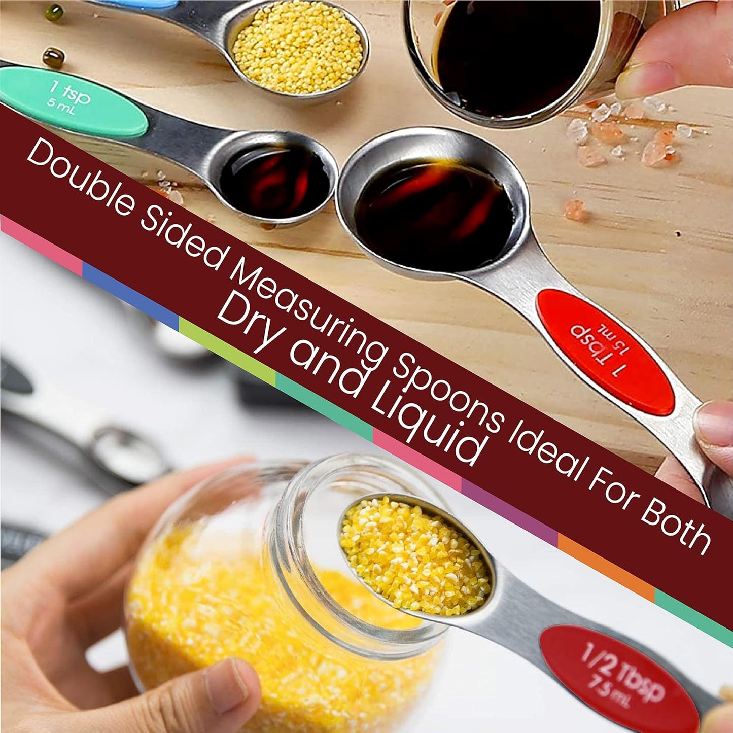 Magnetic Measuring Spoons Set of 9 Stainless Steel Dual-Sided Stackable Measuring Spoon Nesting Teaspoons Measuring Dry and Liquid Ingredients, Fits in Spice Jars Set of 9 (Yellow)