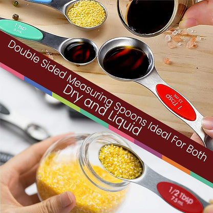 Magnetic Measuring Spoons Set of 9 Stainless Steel Dual-Sided Stackable Measuring Spoon Nesting Teaspoons Measuring Dry and Liquid Ingredients, Fits in Spice Jars Set of 9 (Yellow)