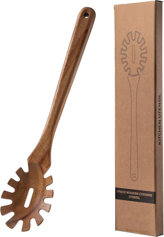 LEHAHA 13'' Wooden Pasta Spaghetti Spoon with Teeth, Pakkawood Fork Serving Utensil, Pastas Spatula Kitchen Tool, Slotted Pasta Spaghetti Strainer Spoon for Cooking Serving, Stirring & Serving Noodles