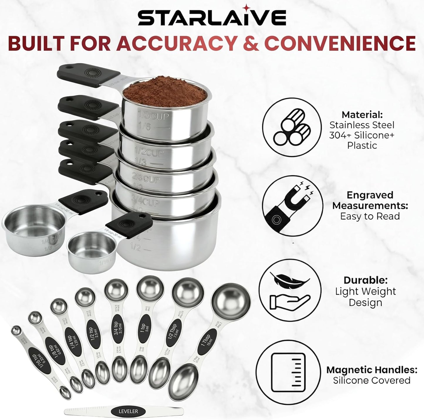 Magnetic Measuring Cups and Spoons Set of 16, 304 Stainless Steel with Multicolor Silicone Handles, 7 Cups, 8 Double-Sided Spoons and Leveler, Laser-Engraved, Stackable, Dishwasher Safe for Baking