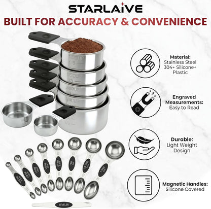 Magnetic Measuring Cups and Spoons Set of 16, 304 Stainless Steel with Multicolor Silicone Handles, 7 Cups, 8 Double-Sided Spoons and Leveler, Laser-Engraved, Stackable, Dishwasher Safe for Baking