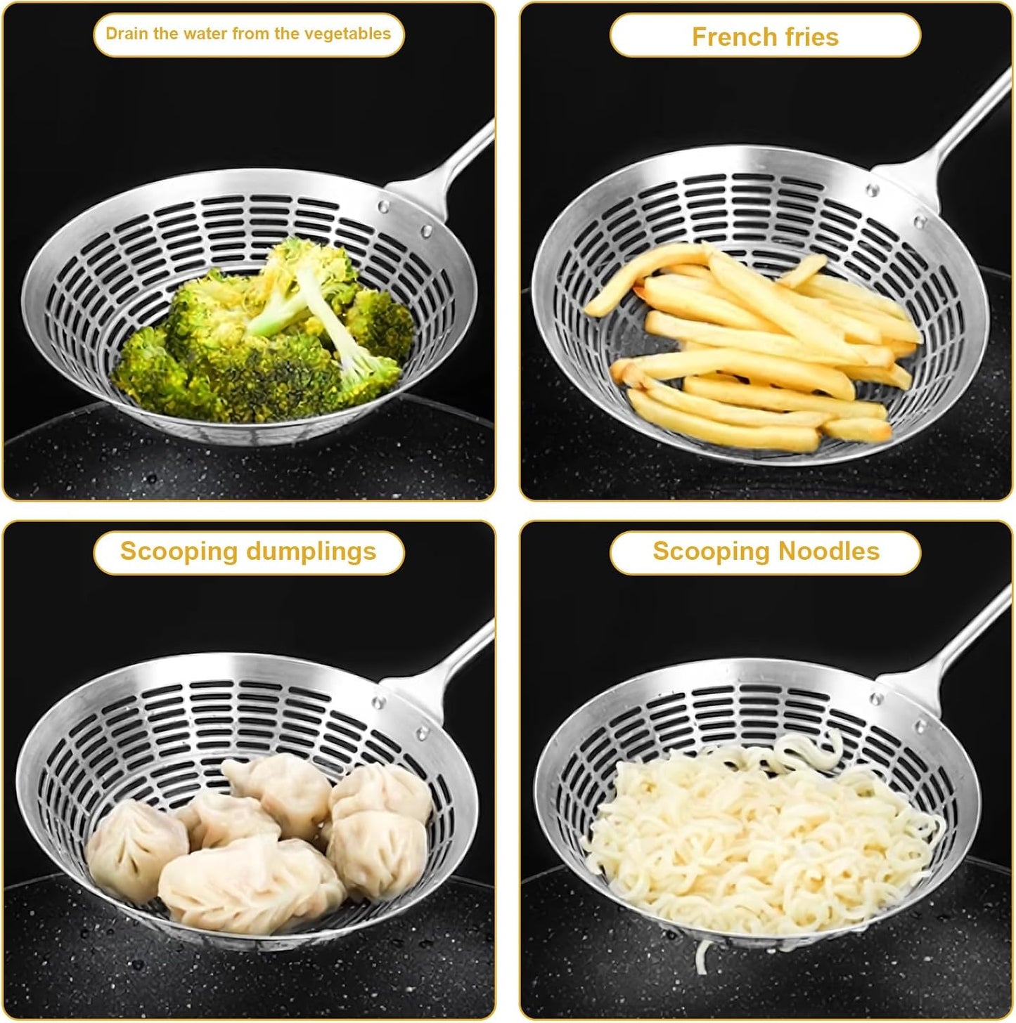 Upgraded Stainless Steel Spider Strainer Skimmer Ladle for Cooking and Frying, Kitchen Utensils Wire Strainer Pasta Spoon (S)