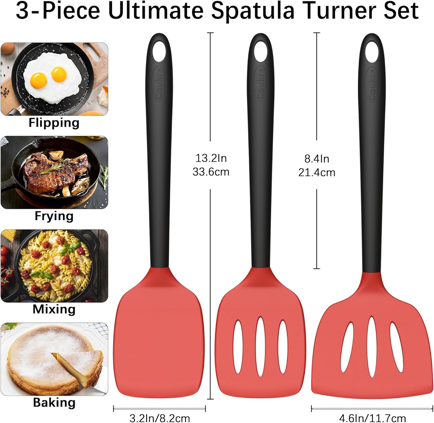 Coukre 3 Pack Silicone Spatula Set, High Heat Resistant, BPA-Free, Fish Spatula, Solid & Slotted Turner for Non-Stick Pans, Flipping Eggs, Pancakes, Fish, Burgers (3, PureBlack)
