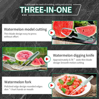 6-in-1 Melon Fork Slicer Cutter, Melon Baller Scoop Set, Watermelon Slicer Tool, Stainless Steel Fruit Cutter, Seed Remover, Fruit Fork for Camping Kitchen Gadgets (6-in-1-blue)