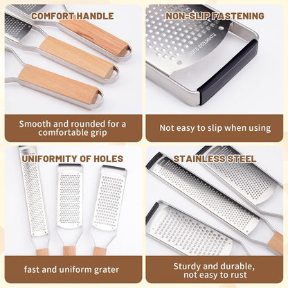 SHIKORI Professional Cheese Graters for Kitchen Stainless Steel Handheld, Metal Lemon Zester Grater With Wood Handle For Cheese, Chocolate, Spices, Kitchen Gadgets And Tools-3 Pcs