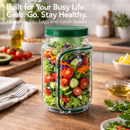 Jar Side Open with Leakproof Dressing Compartment, Portable Container, Home, Office, Travel, Outdoor Salad Container for Lunch