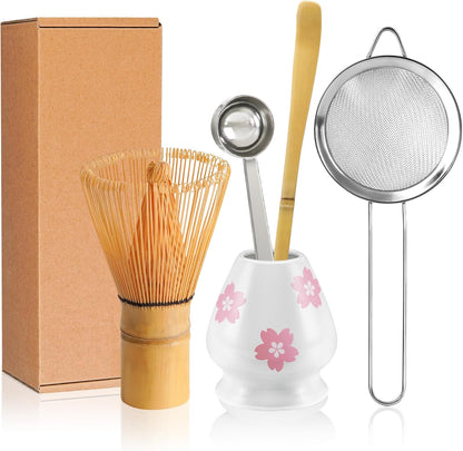 Matcha Whisk Set Matcha Making Kit Bamboo Chasen Ceramic Whisk Holder Stand Sifter Scoop Japanese Tea Tools (Solid Pink)