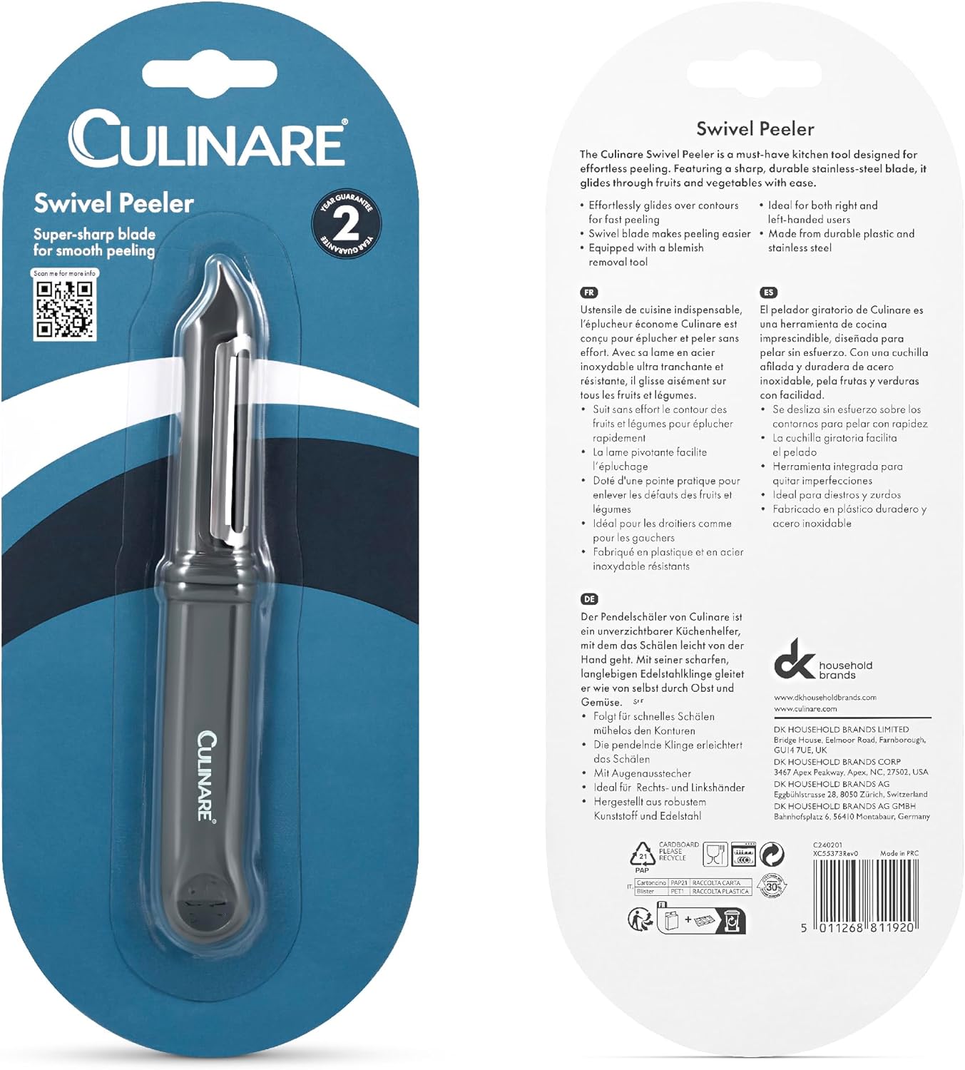 Culinare Swivel Peeler, Grey, Plastic/Stainless Steel, Manual Potato/Vegetable/Fruit Peeler, Moves Over Contours for Fast Peeling, Dishwasher Safe