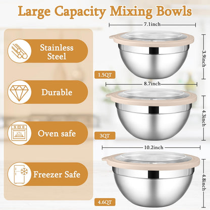 LIANYU Mixing Bowls with Lids Set of 3, Large & Small Stainless Steel Nesting Metal Bowls for Kitchen Storage, Dishwasher Safe, Size 1.5QT & 3QT & 4.6QT, Black